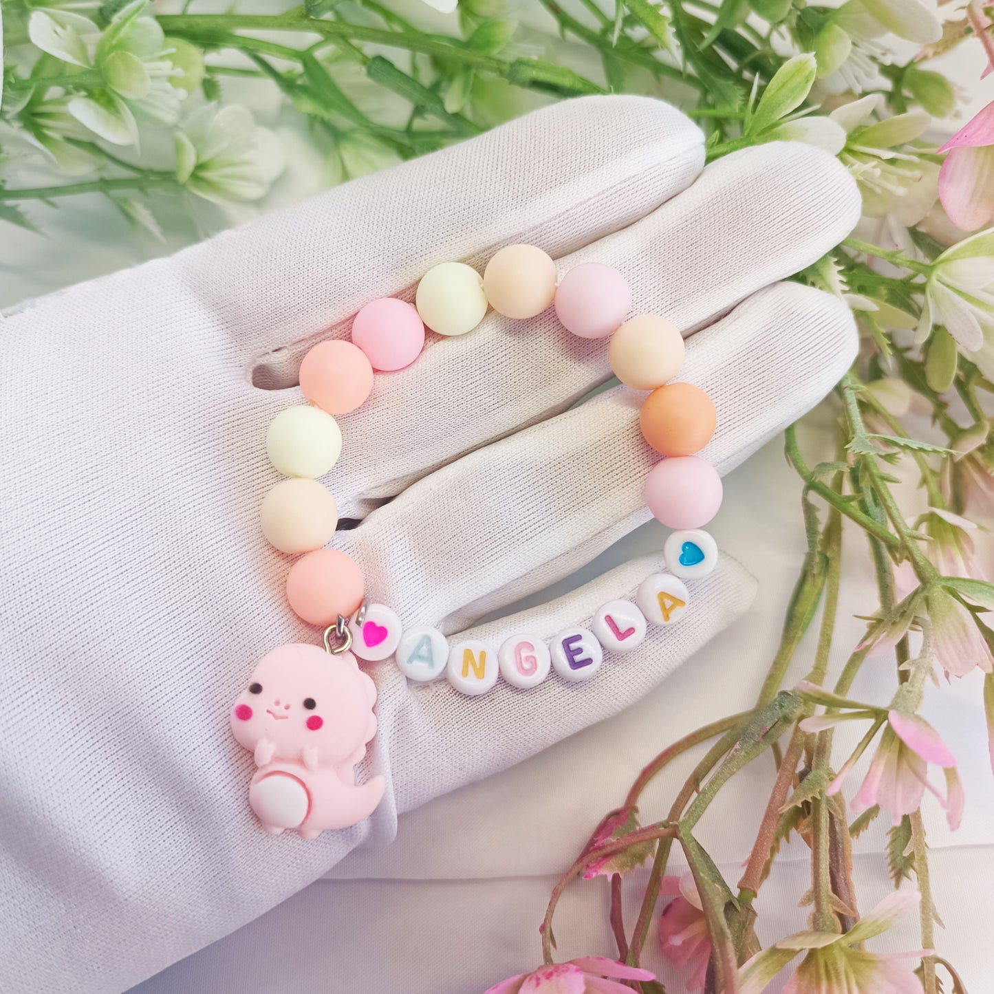 Name bracelet for child with dinosaur charm, personal bracelets with name, birthday present, gift keepsake, gift for daughter,children jewel - My Store