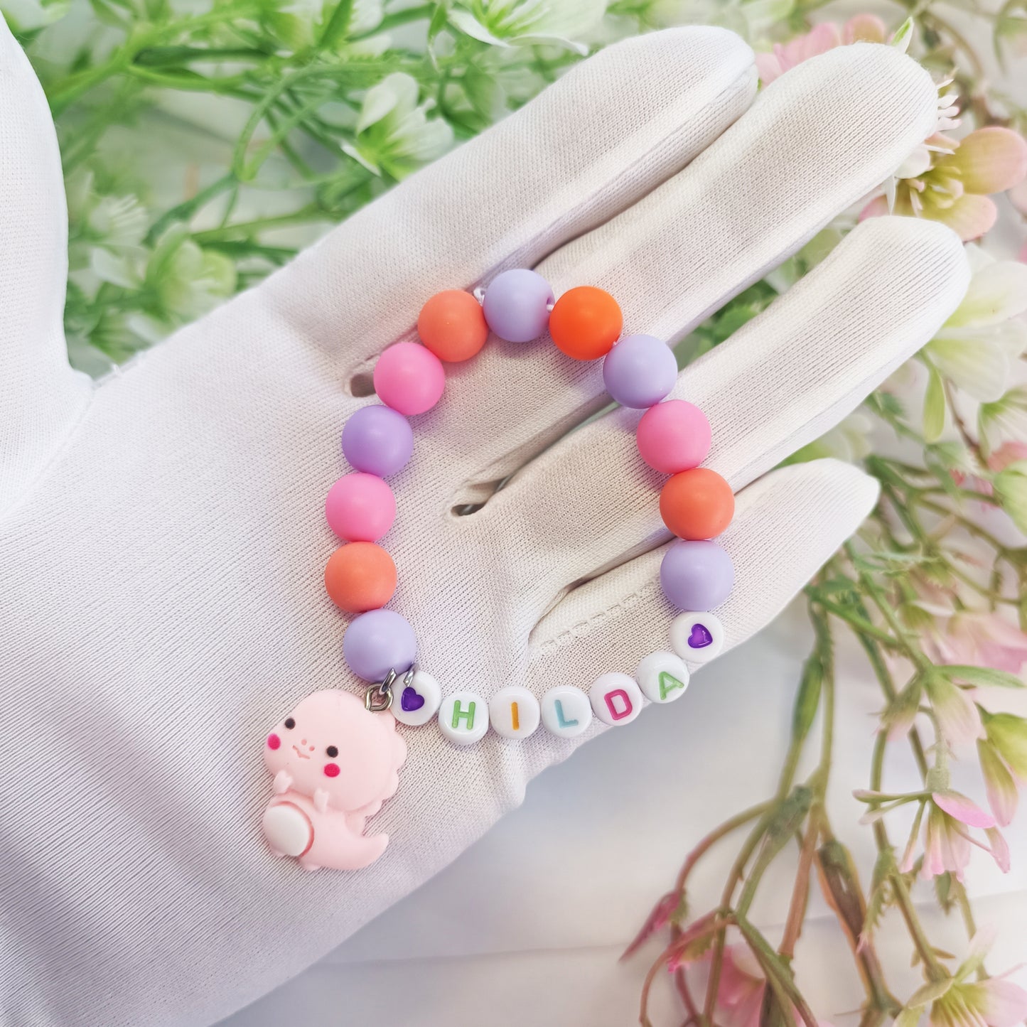 Name bracelet for child with dinosaur charm, personal bracelets with name, birthday present, gift keepsake, gift for daughter,children jewel - My Store