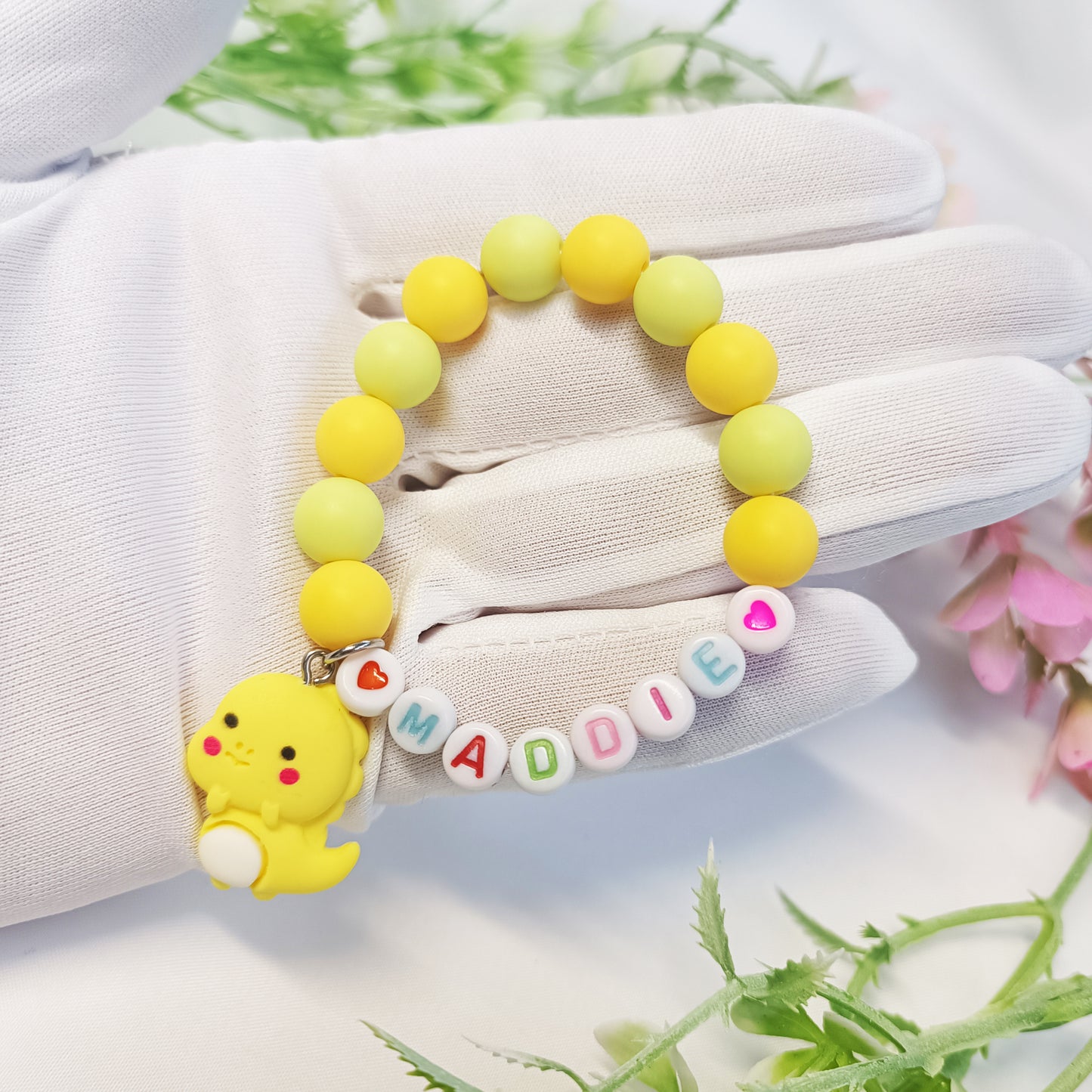 Name bracelet for child with dinosaur charm, personal bracelets with name, birthday present, gift keepsake, gift for daughter,children jewel - My Store