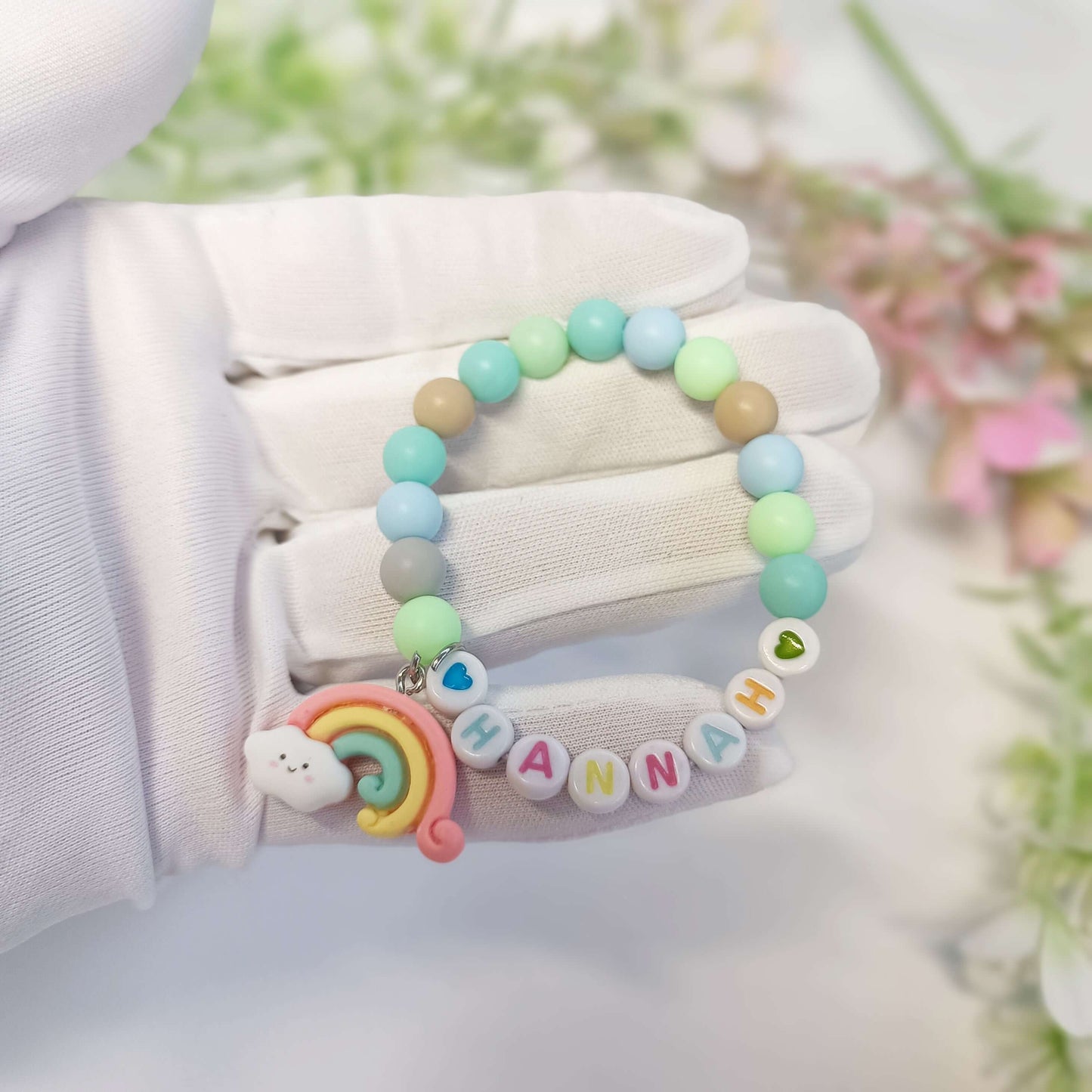 Custom name bracelet for child with rainbow charm, personalized gift gor girls, birthday present, gift keepsake, infant name bracelet - My Store