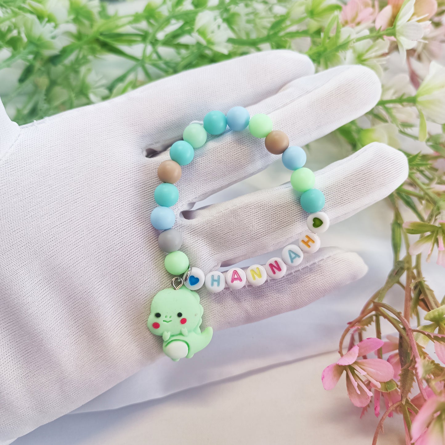 Dinosaur Name Bracelet for child with charm, personalized gift gor girls, birthday present, gift keepsake, personal bracelets with name - My Store