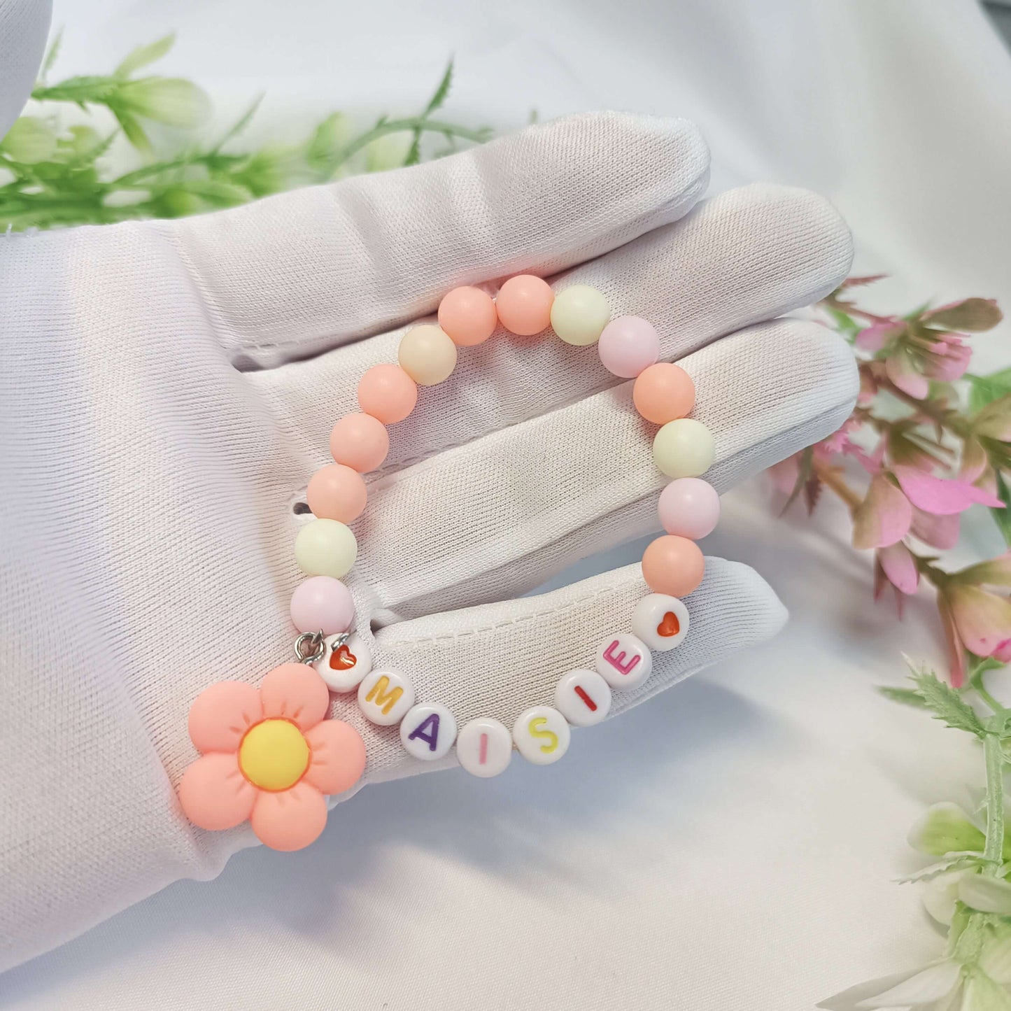 Childs name bracelet with flower charm, personalized gift gor girls, birthday present, personal bracelets with name, gift for daughter - My Store