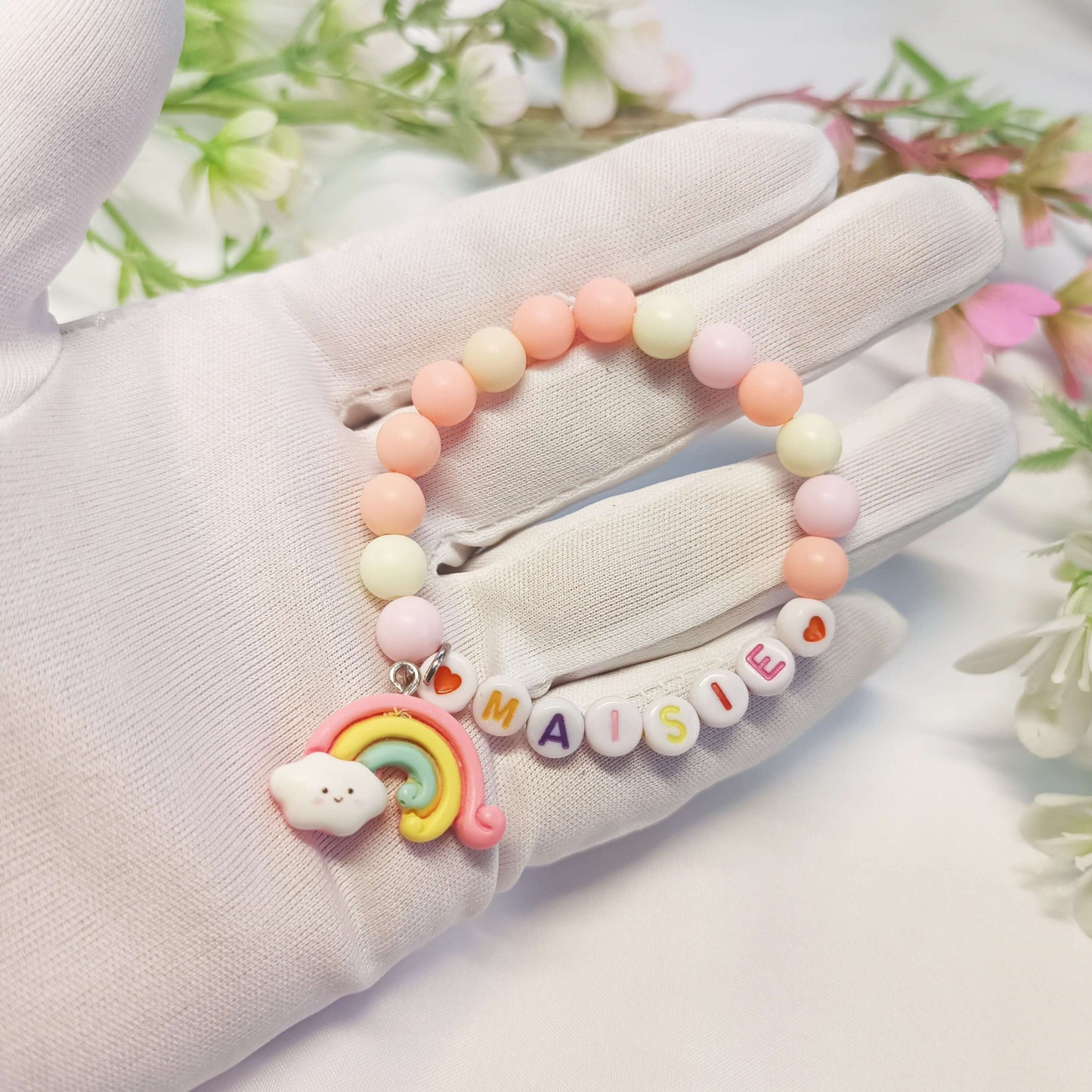 Custom name bracelet for child with rainbow charm, personalized gift gor girls, birthday present, gift keepsake, infant name bracelet - My Store
