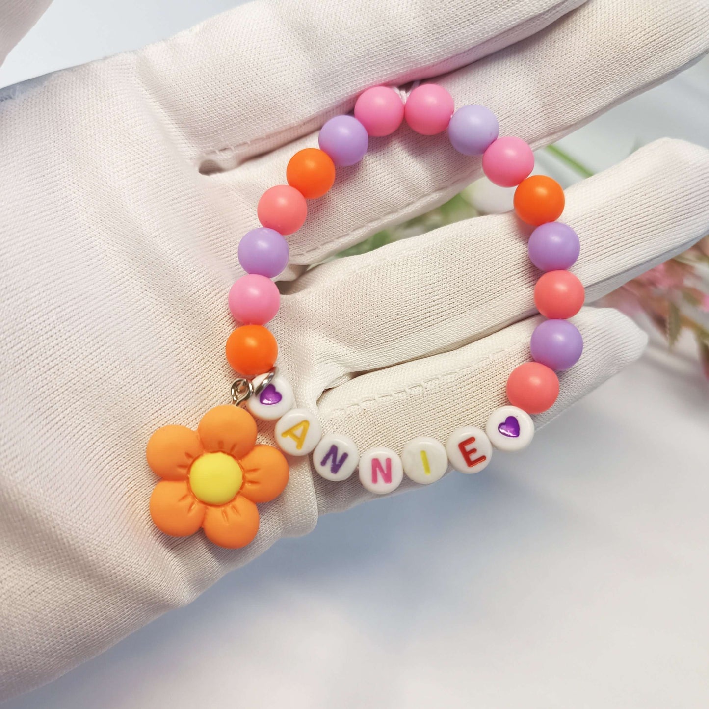 Childs name bracelet with flower charm, personalized gift gor girls, birthday present, personal bracelets with name, gift for daughter - My Store