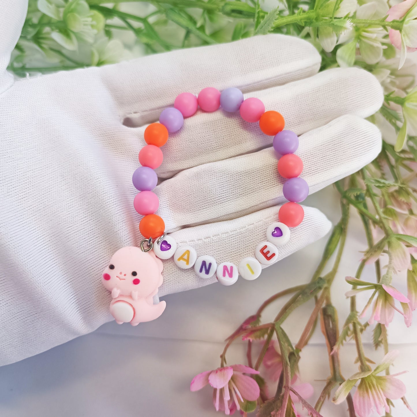 Dinosaur Name Bracelet for child with charm, personalized gift gor girls, birthday present, gift keepsake, personal bracelets with name - My Store