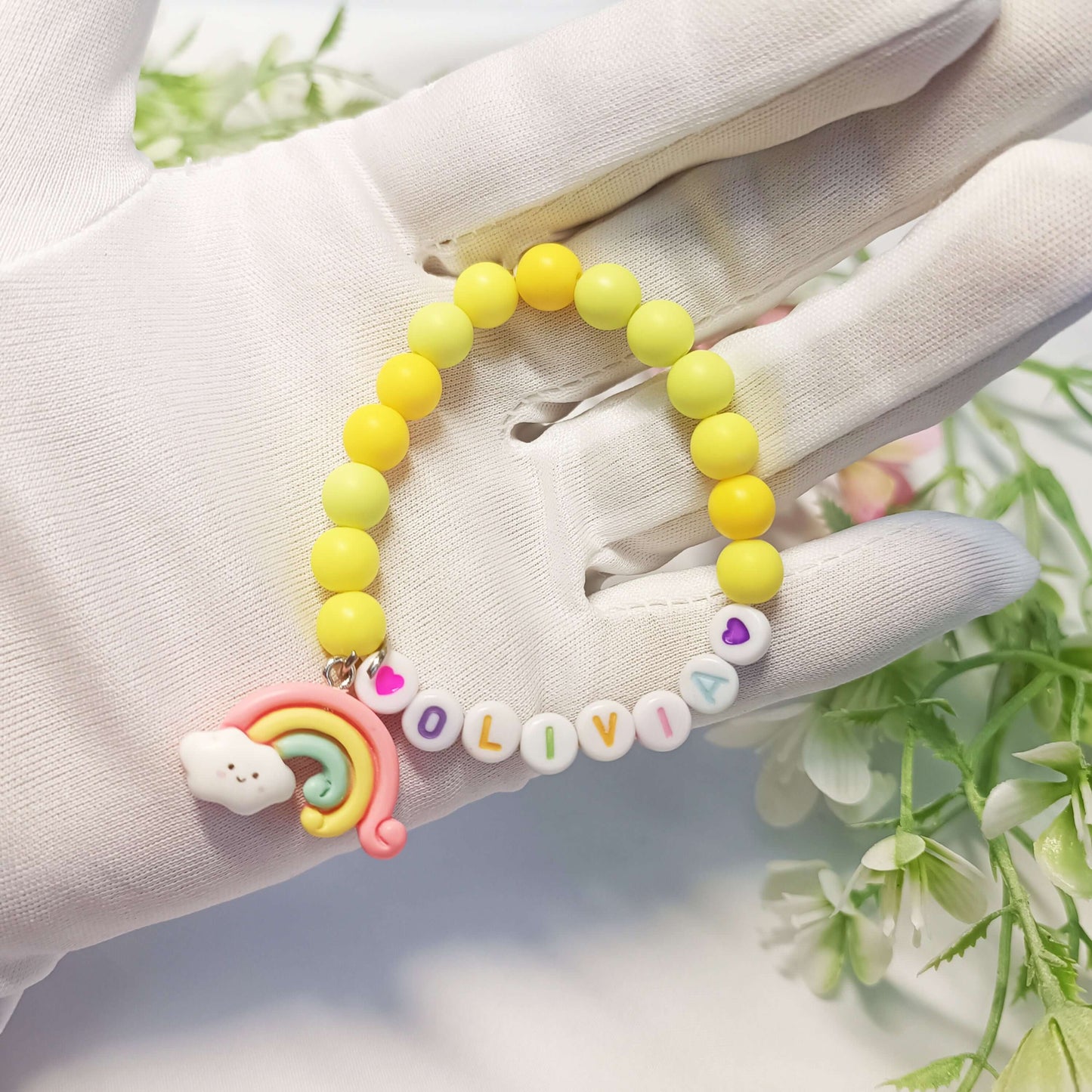 Custom name bracelet for child with rainbow charm, personalized gift gor girls, birthday present, gift keepsake, infant name bracelet - My Store
