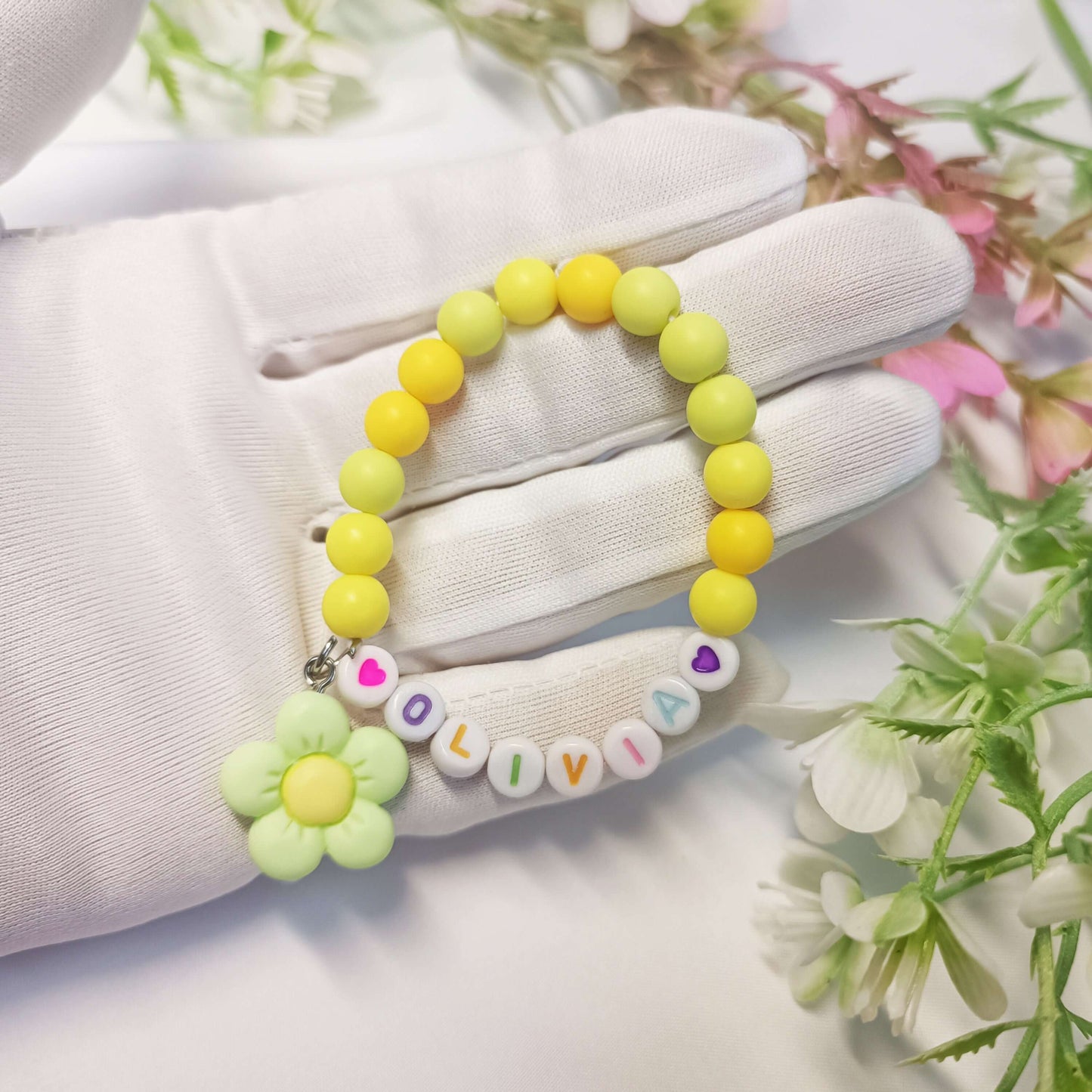 Childs name bracelet with flower charm, personalized gift gor girls, birthday present, personal bracelets with name, gift for daughter - My Store