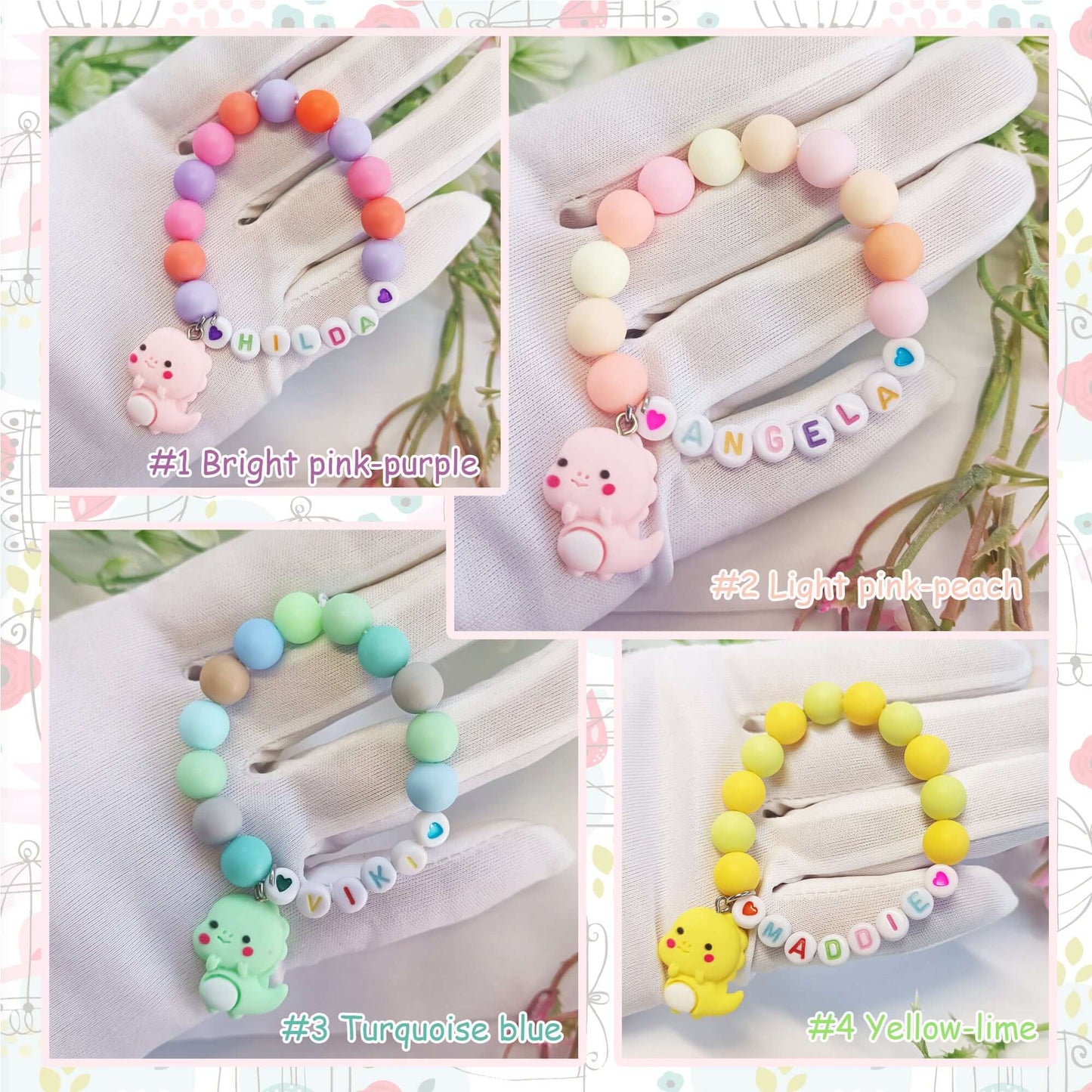 Name bracelet for child with dinosaur charm, personal bracelets with name, birthday present, gift keepsake, gift for daughter,children jewel - My Store