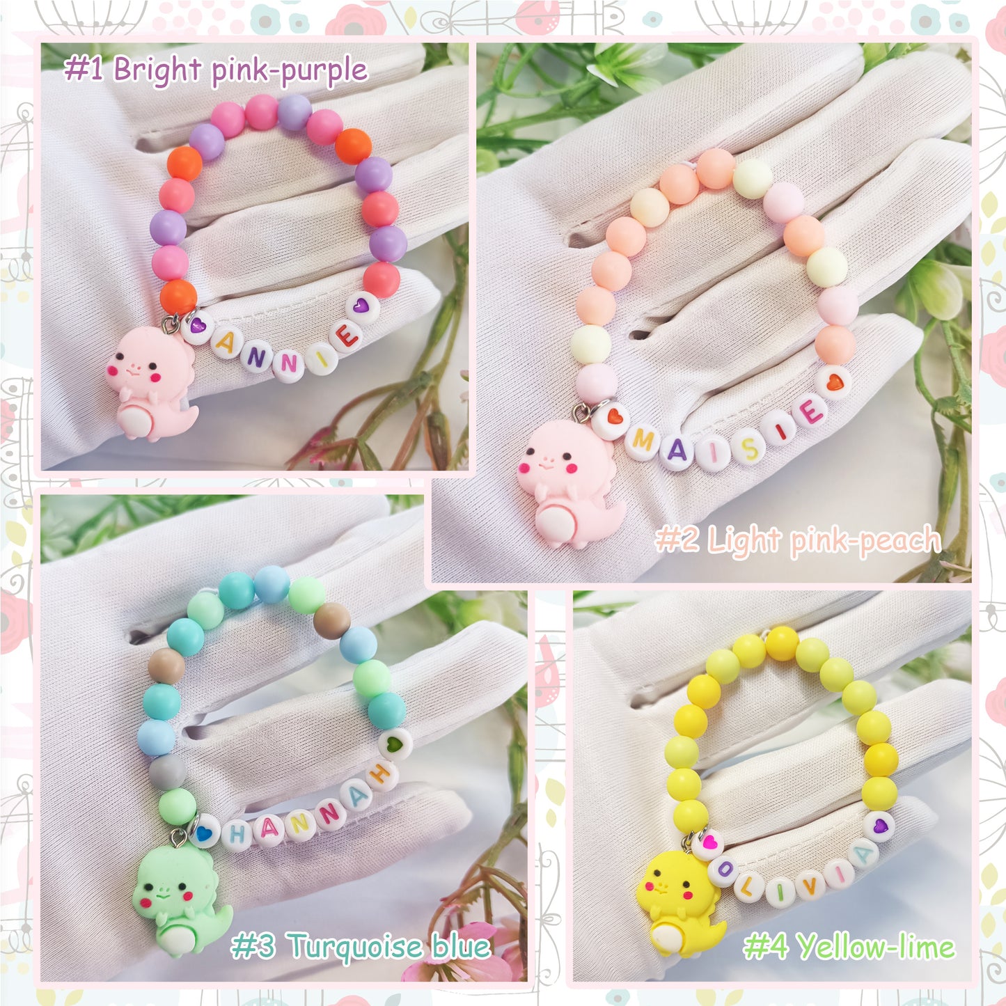 Dinosaur Name Bracelet for child with charm, personalized gift gor girls, birthday present, gift keepsake, personal bracelets with name - My Store