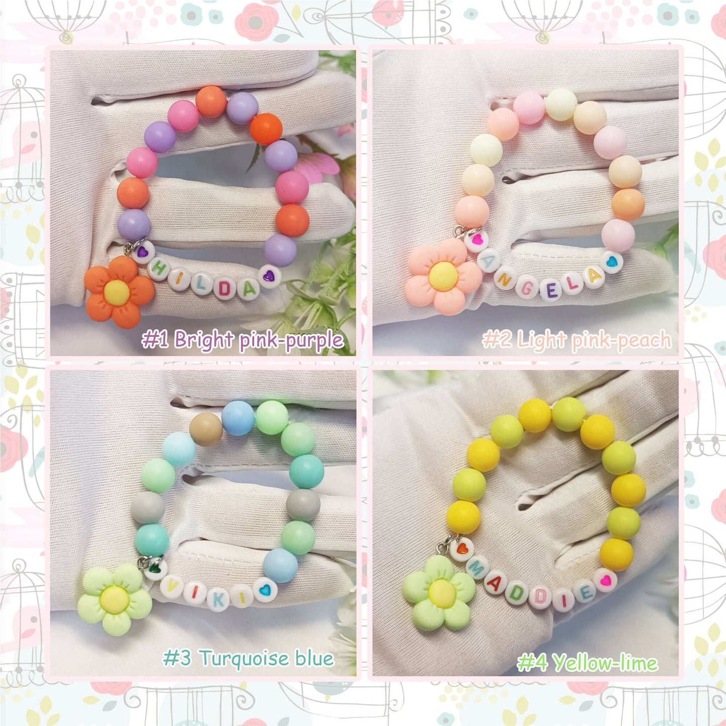 Childs name bracelet with flower charm, personalized gift gor girls, birthday present, gift keepsake, gift for daughter, children's jewelry - My Store