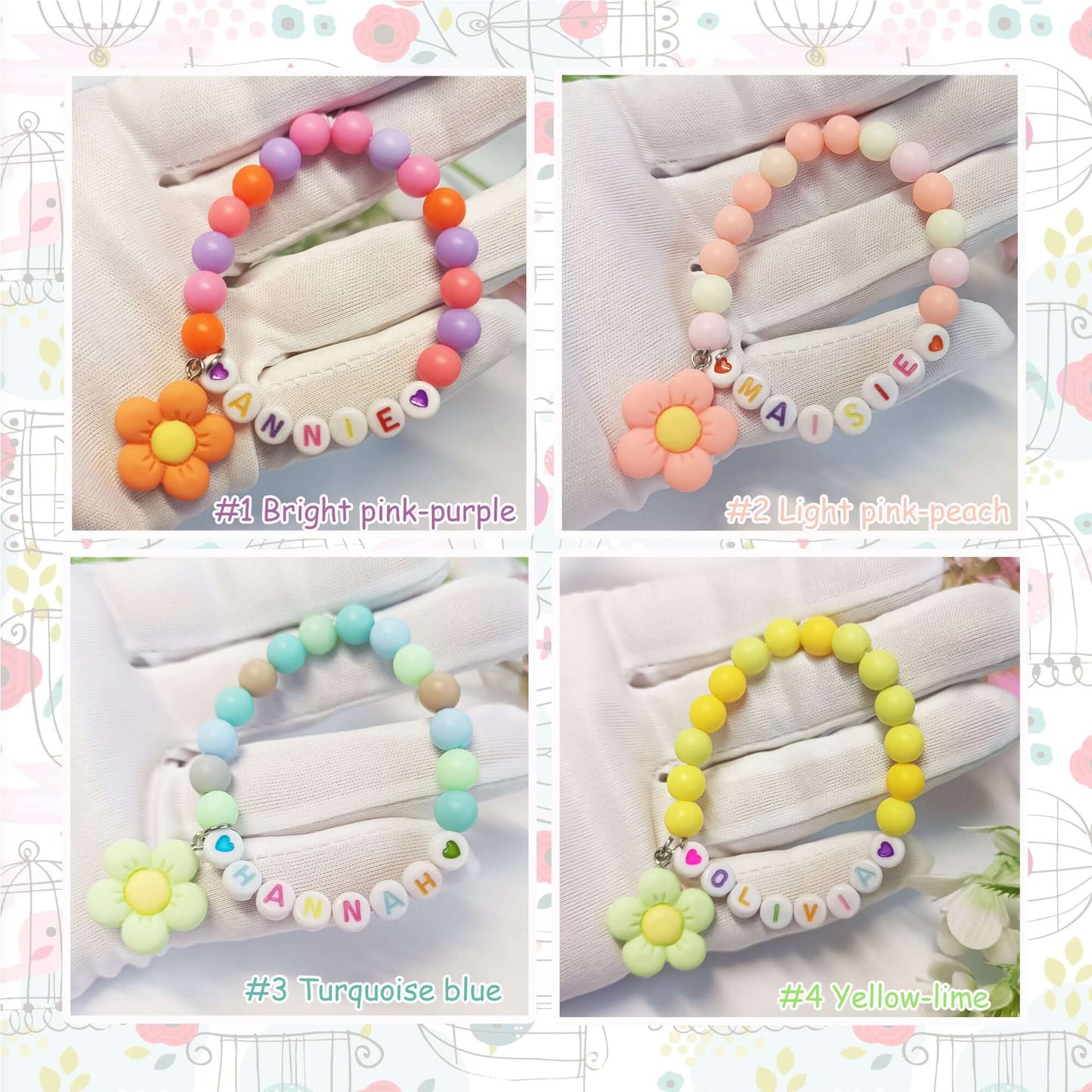 Childs name bracelet with flower charm, personalized gift gor girls, birthday present, personal bracelets with name, gift for daughter - My Store
