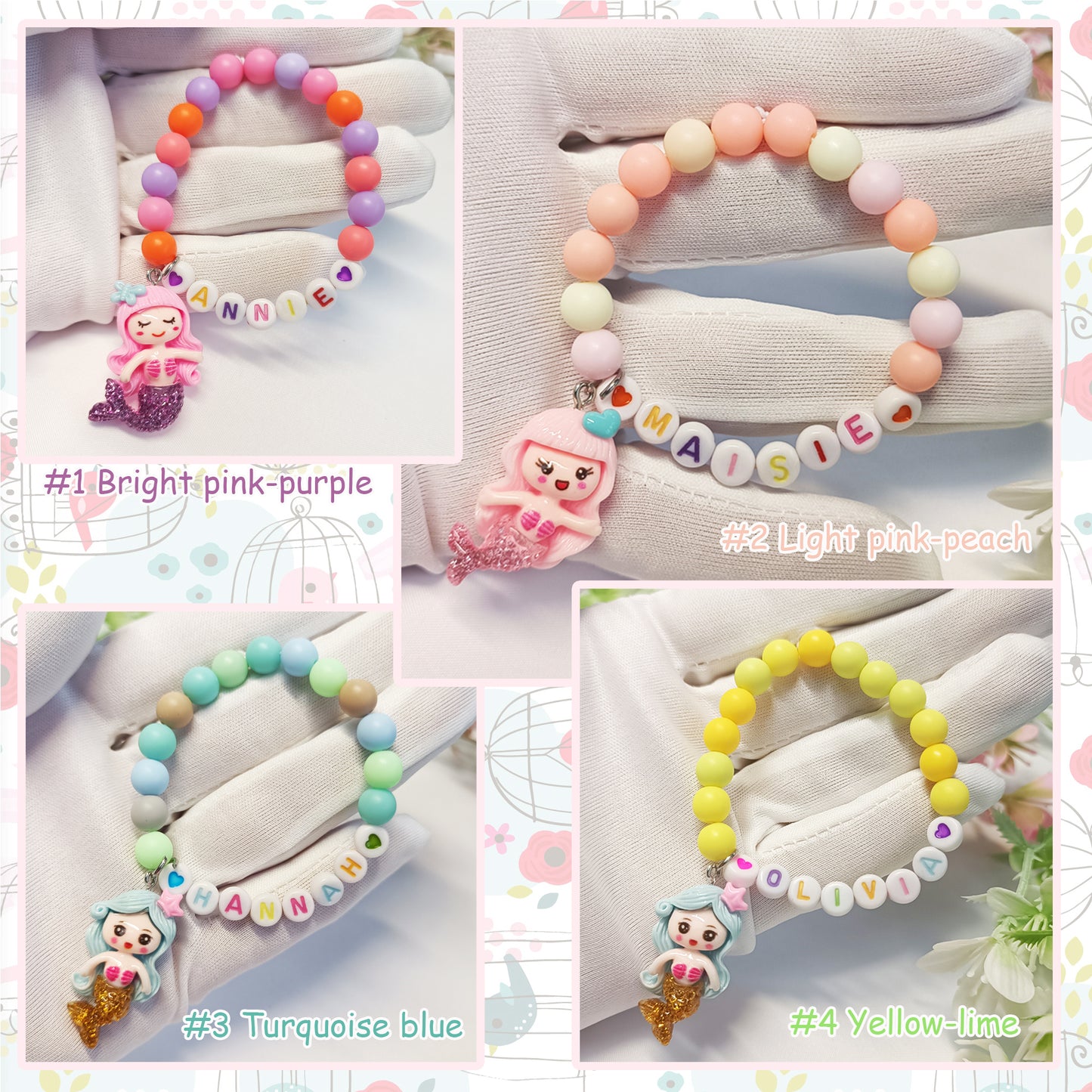 Mermaid name bracelet for child with charm, name personalized bracelets, gift gor girls, birthday present, gift keepsake, gift for daughter - My Store