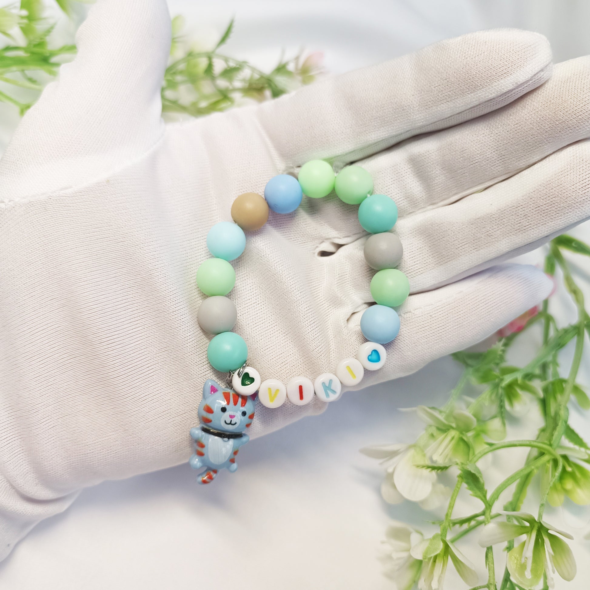 Name bracelet with cat charm, personalized gift for girls, birthday present, gift keepsake, gift for daughter, bracelet name custom - My Store