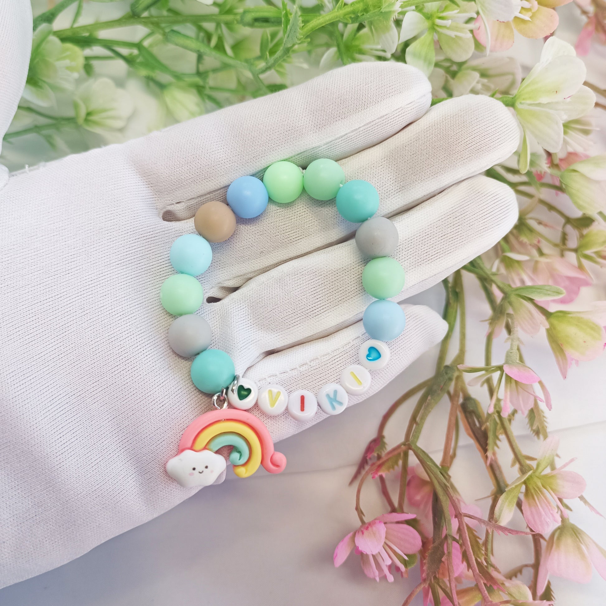 Custom name bracelet for child with rainbow charm, personalized gift gor girls, birthday present, gift keepsake, infant name bracelet - My Store