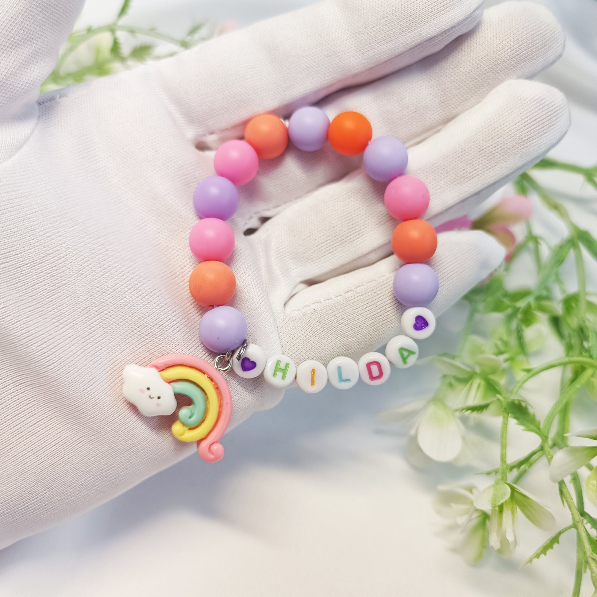 Custom name bracelet for child with rainbow charm, personalized gift gor girls, birthday present, gift keepsake, infant name bracelet - My Store