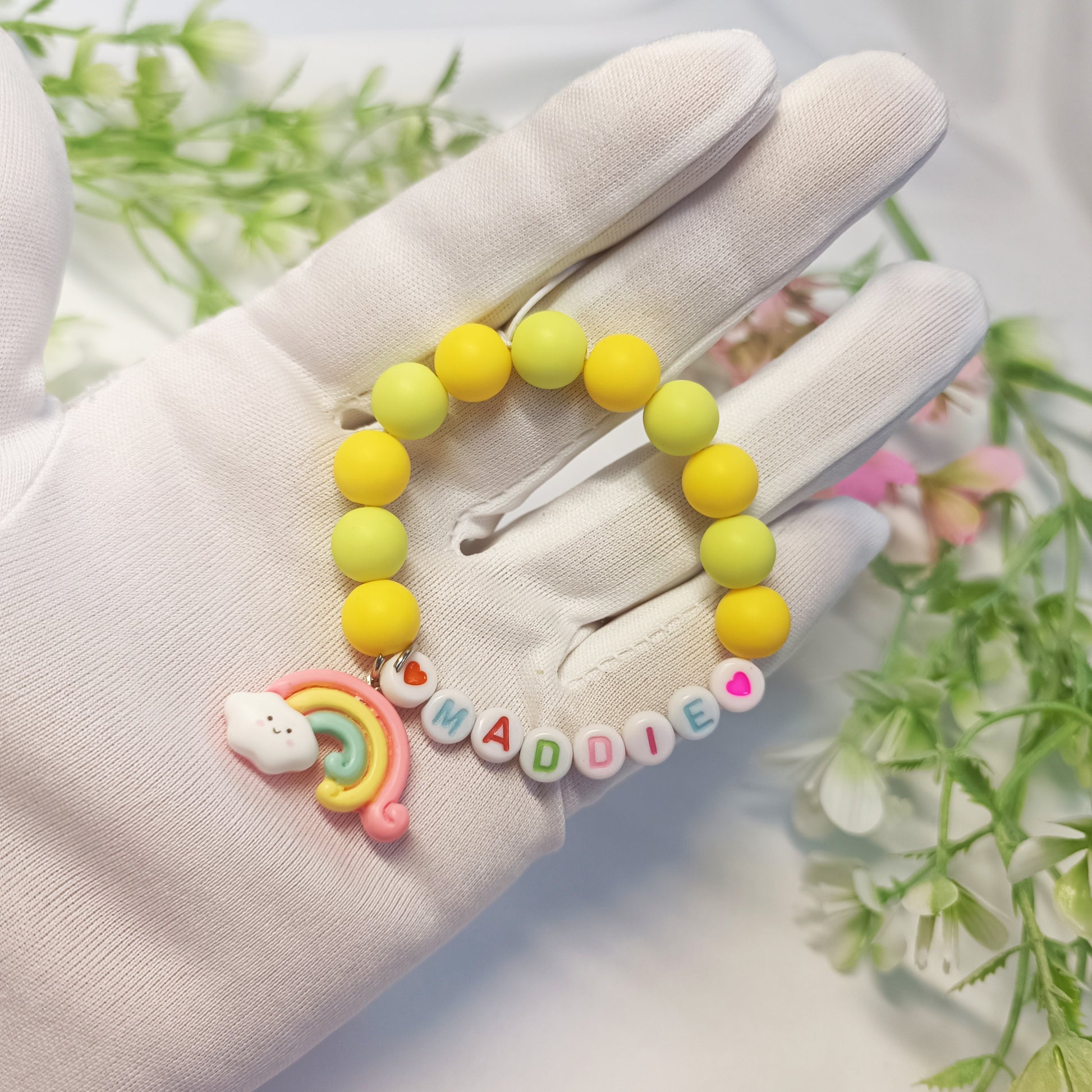 Custom name bracelet for child with rainbow charm, personalized gift gor girls, birthday present, gift keepsake, infant name bracelet - My Store