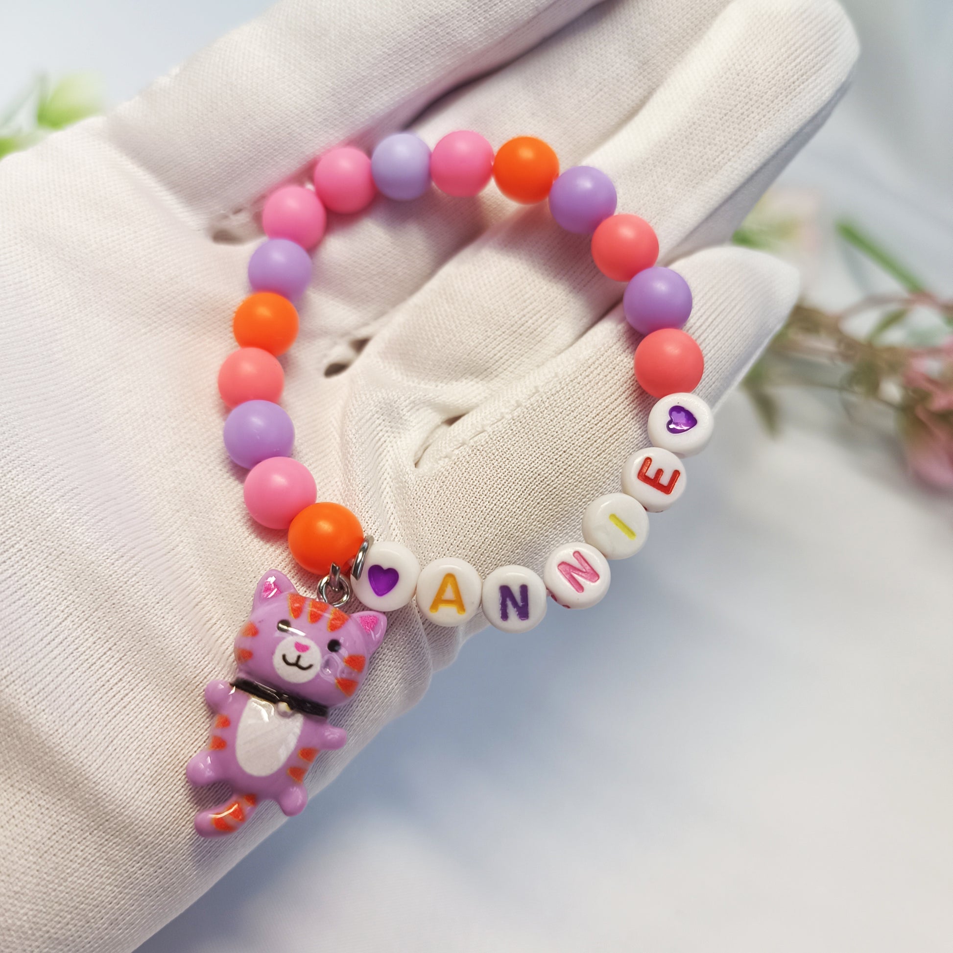 Childs name bracelet with cat charm, personalized gift for girls, birthday present, gift keepsake, gift for daughter, children's jewelry - My Store