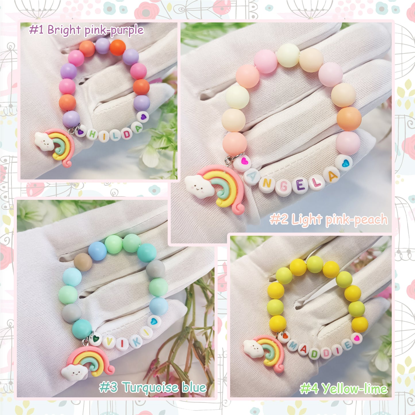 Custom name bracelet for child with rainbow charm, personalized gift gor girls, birthday present, gift keepsake, infant name bracelet - My Store